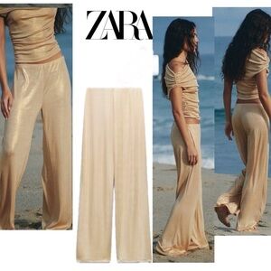 Zara metallic gold threading foil knit high rise flowy pants Sz S NWOT